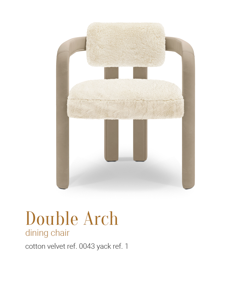 Double Arch dining chair in white fur and taupe cotton velvet by JSB 