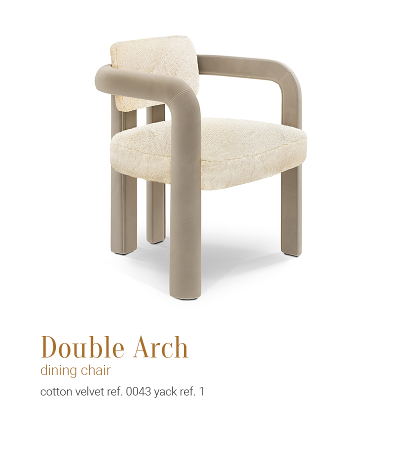 Double Arch dining chair in white fur and taupe cotton velvet by JSB 