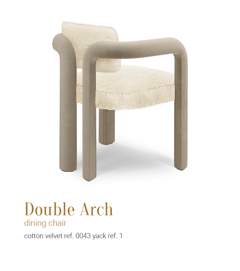 Double Arch dining chair in white fur and taupe cotton velvet by JSB 
