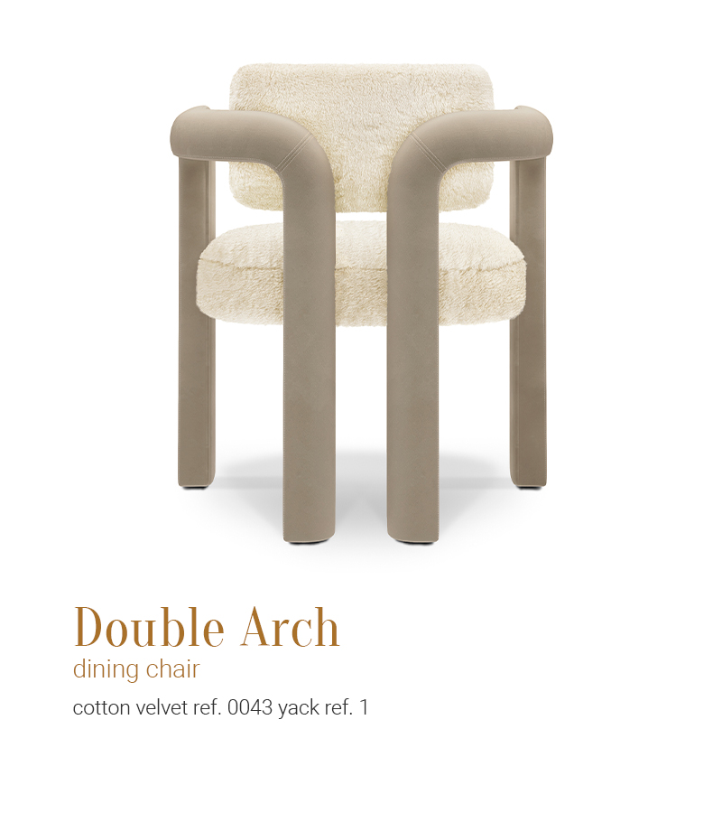 Double Arch dining chair in white fur and taupe cotton velvet by JSB 
