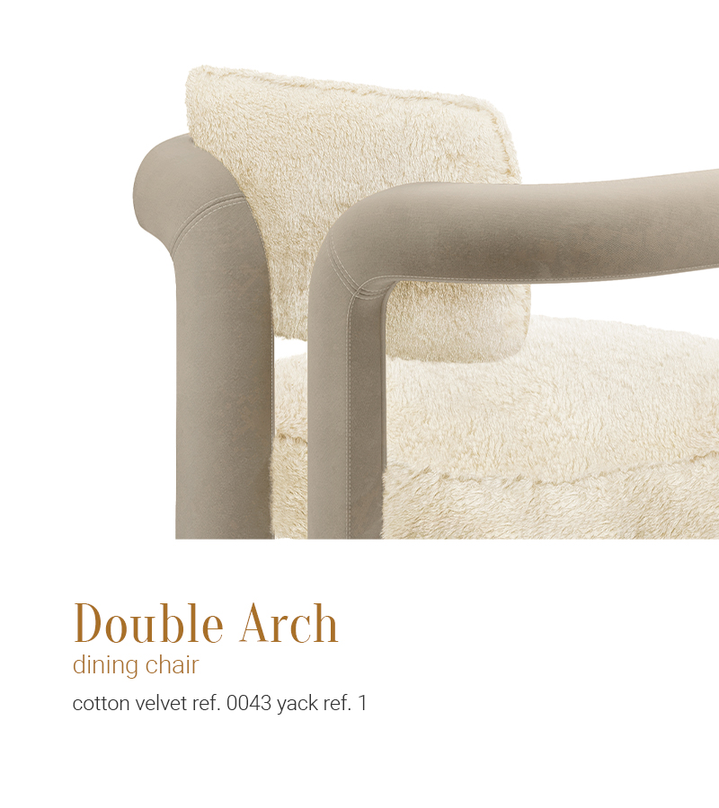 Double Arch dining chair in white fur and taupe cotton velvet by JSB 
