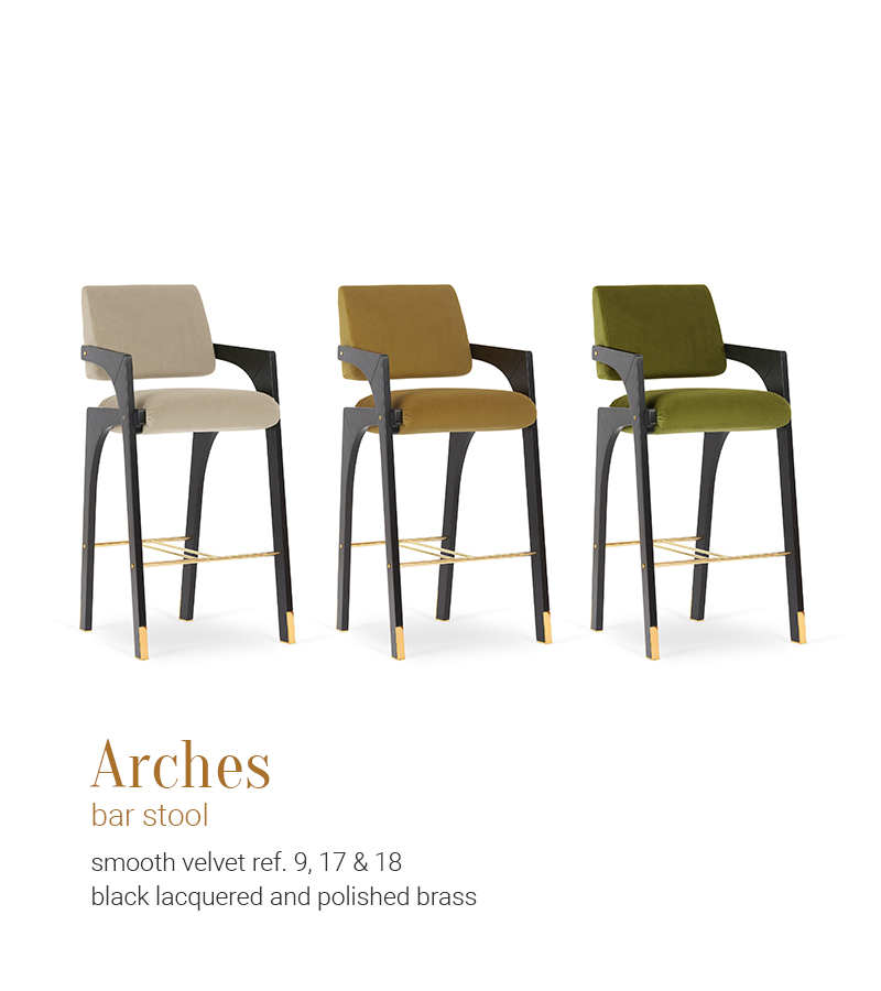 Arches bar stool smooth velvet 9 17 & 18 black lacquered polished brass 02 InsidherLand mobile